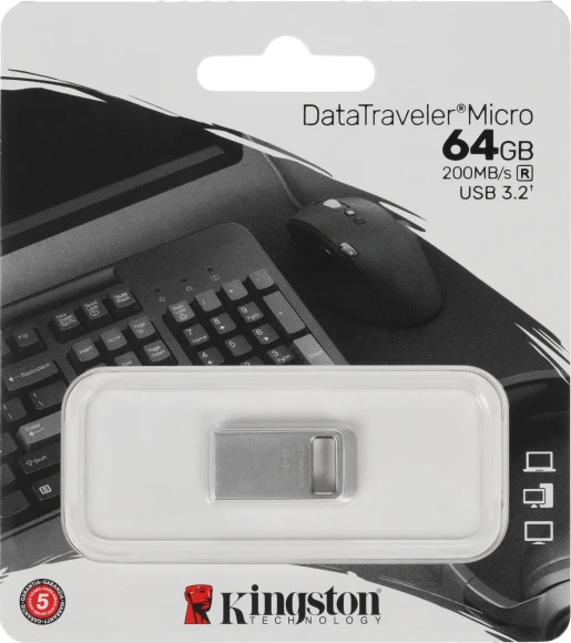 Флеш Диск Kingston 64Gb DataTraveler Micro DTMC3G2/64GB USB3.0 серебристый