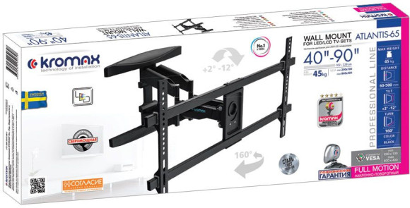 Кронштейн для телевизора Kromax ATLANTIS-65 черный 40"-90" макс.45кг настенный поворотно-выдвижной и наклонный Кронштейн для телевизора Kromax ATLANTIS-65 черный 40"-90" макс.45кг настенный поворотно-выдвижной и наклонный