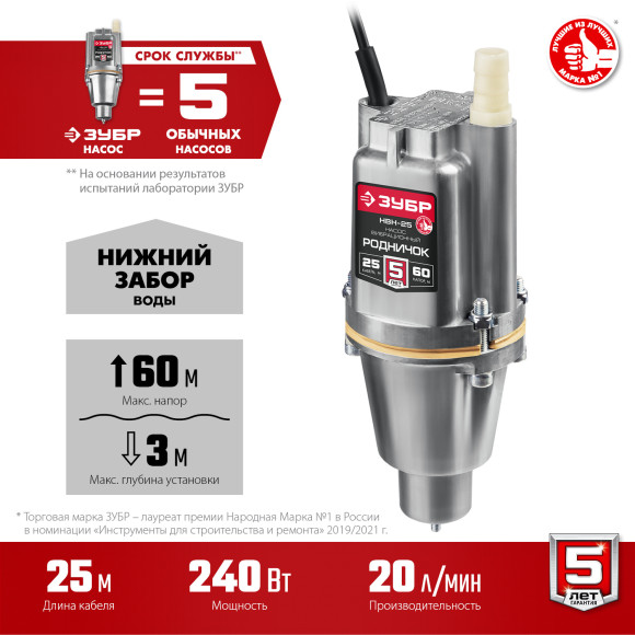 Насос садовый Зубр Родничок-Н НВН-25 240Вт 1200л/час вибрационный