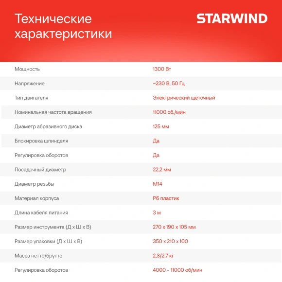 Углошлифовальная машина Starwind AG125LE-1300 1300Вт 11000об/мин рез.шпин.:M14 d=125мм