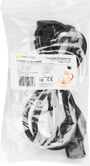 Шнур питания Lanmaster LAN-PP13/14-1.8-BK C13-С14 проводник.:3x0.75мм2 1.8м 220В 10А (упак.:1шт) черный