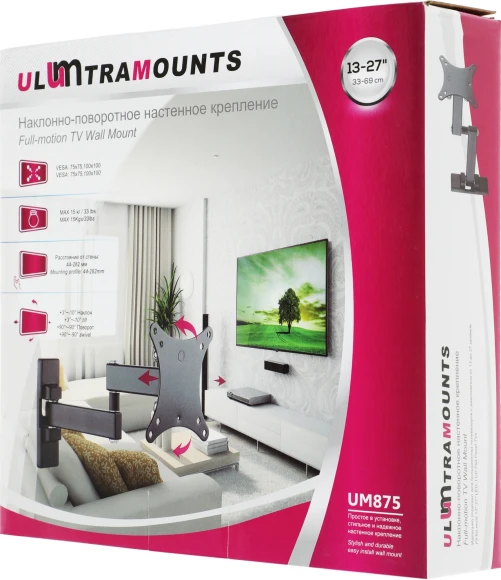Кронштейн для телевизора Ultramounts UM875 черный 13"-27" макс.20кг настенный поворот и наклон Кронштейн для телевизора Ultramounts UM875 черный 13"-27" макс.20кг настенный поворот и наклон
