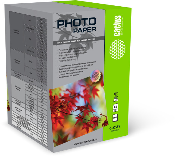 Фотобумага Cactus CS-GA6180500 A6/180г/м2/500л./белый глянцевое для струйной печати Фотобумага Cactus CS-GA6180500 A6/180г/м2/500л./белый глянцевое для струйной печати