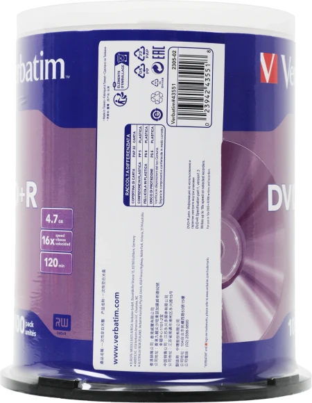 Диск DVD+R Verbatim 4.7Gb 16x Cake Box (100шт) (43551) Диск DVD+R Verbatim 4.7Gb 16x Cake Box (100шт) (43551)