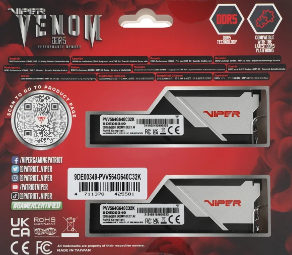 Память DDR5 2x32GB 6400MHz Patriot PVV564G640C32K Viper Venom RTL Gaming PC5-51200 CL32 DIMM 288-pin 1.4В с радиатором Ret Память DDR5 2x32GB 6400MHz Patriot PVV564G640C32K Viper Venom RTL Gaming PC5-51200 CL32 DIMM 288-pin 1.4В с радиатором Ret