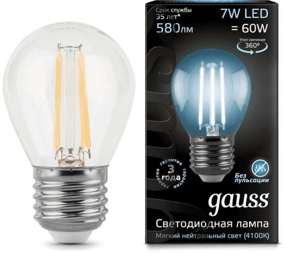 Лампа светодиодная Gauss Filament 7Вт цок.:E27 шар 220B св.свеч.бел.нейт. P45 (упак.:1шт) (105802207)