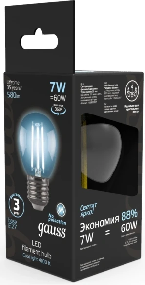 Лампа светодиодная Gauss Filament 7Вт цок.:E27 шар 220B св.свеч.бел.нейт. P45 (упак.:1шт) (105802207)