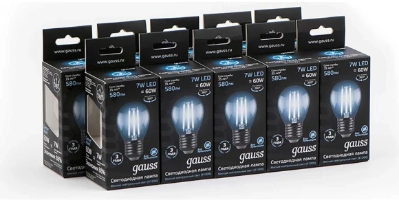 Лампа светодиодная Gauss Filament 7Вт цок.:E27 шар 220B св.свеч.бел.нейт. P45 (упак.:1шт) (105802207)
