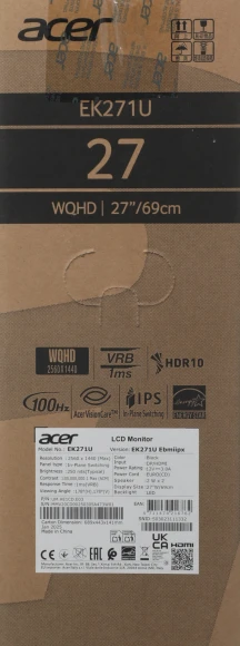 Монитор Acer 27" EK271UEbmiipx черный IPS LED 5ms 16:9 HDMI M/M матовая 1000:1 250cd 178гр/178гр 2560x1440 100Hz FreeSync DP Quad 2K (1440p) 3.5кг