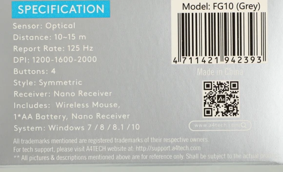 Мышь A4Tech Fstyler FG10 черный/серый оптическая 2000dpi беспров. USB 4but (FG10 GREY)