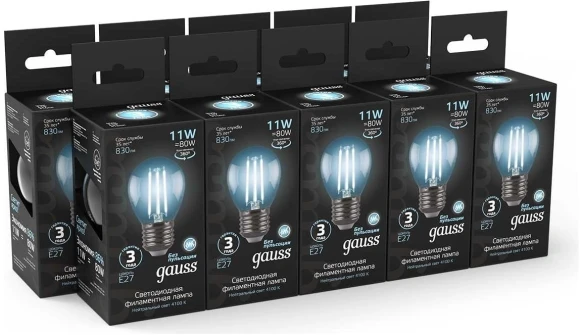 Лампа светодиодная Gauss Filament 11Вт цок.:E27 шар 220B св.свеч.бел.нейт. (упак.:1шт) (105802211) Лампа светодиодная Gauss Filament 11Вт цок.:E27 шар 220B св.свеч.бел.нейт. (упак.:1шт) (105802211)