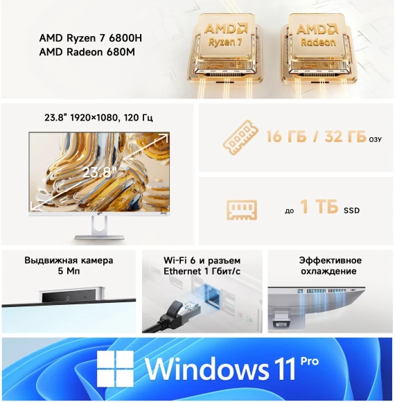 Моноблок Acer Gadget E10 ERAIO 23.8" Full HD Ryzen 7 6800H (3.2) 32Gb SSD1Tb 680M Windows 11 Pro GbitEth WiFi BT 120W клавиатура мышь Cam белый/серебристый 1920x1080