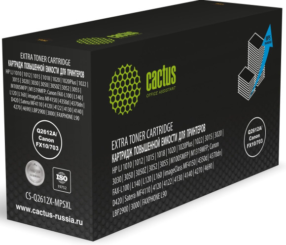 Картридж лазерный Cactus CS-Q2612X-MPSXL Q2612A/Canon FX10/703 черный (8000стр.) для HP LJ 1010/1012/1015/1018/1020/1020Plus/1022/3015/3020/3030/3050/3050Z/3052/3055/M1005MFP/M1319MFP; Canon FAX-L100/L140/L120/L160, imageClass MF4150/4350d/4370dn/D420, Sa