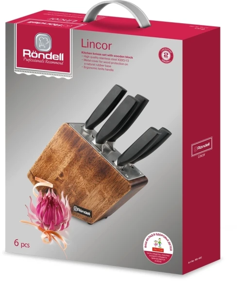 Набор ножей кухон. Rondell Lincor RD-482 компл.:6предм. с подставкой коричневый подар.коробка Набор ножей кухон. Rondell Lincor RD-482 компл.:6предм. с подставкой коричневый подар.коробка
