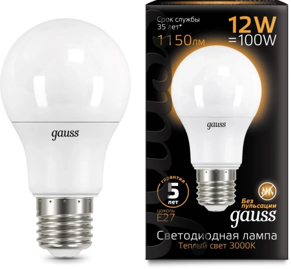 Лампа светодиодная Gauss A60 12Вт цок.:E27 груша 220B св.свеч.бел.теп. A60 (упак.:1шт) (102502112) Лампа светодиодная Gauss A60 12Вт цок.:E27 груша 220B св.свеч.бел.теп. A60 (упак.:1шт) (102502112)