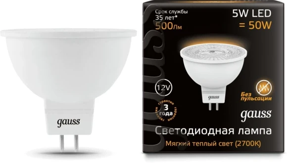 Лампа светодиодная Gauss MR16 5Вт цок.:GU5.3 спот 12B св.свеч.бел.теп. MR16 (упак.:1шт) (201505105)