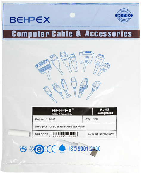 Переходник Jack 3.5 (f)-USB Type-C (m) 0.05м белый