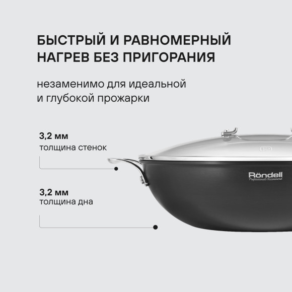 Сковорода ВОК (WOK) Rondell Elements RDA-114 круглая 32см покрытие: TriTitan ручка несъемная (с крышкой) черный
