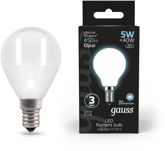 Лампа светодиодная Gauss Filament 5Вт цок.:E14 шар 220B св.свеч.бел.нейт. (упак.:1шт) (105201205)