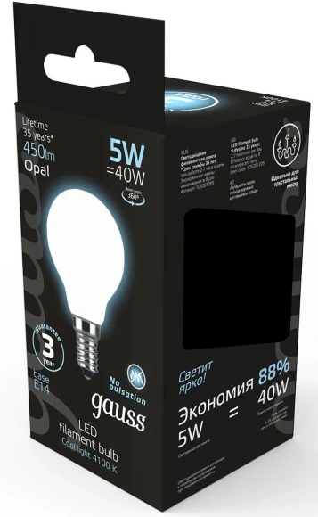 Лампа светодиодная Gauss Filament 5Вт цок.:E14 шар 220B св.свеч.бел.нейт. (упак.:1шт) (105201205)