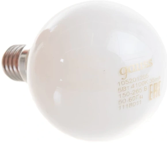 Лампа светодиодная Gauss Filament 5Вт цок.:E14 шар 220B св.свеч.бел.нейт. (упак.:1шт) (105201205)