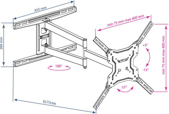 Кронштейн для телевизора Kromax DIX-19 черный 22"-65" макс.45кг настенный поворотно-выдвижной и наклонный Кронштейн для телевизора Kromax DIX-19 черный 22"-65" макс.45кг настенный поворотно-выдвижной и наклонный