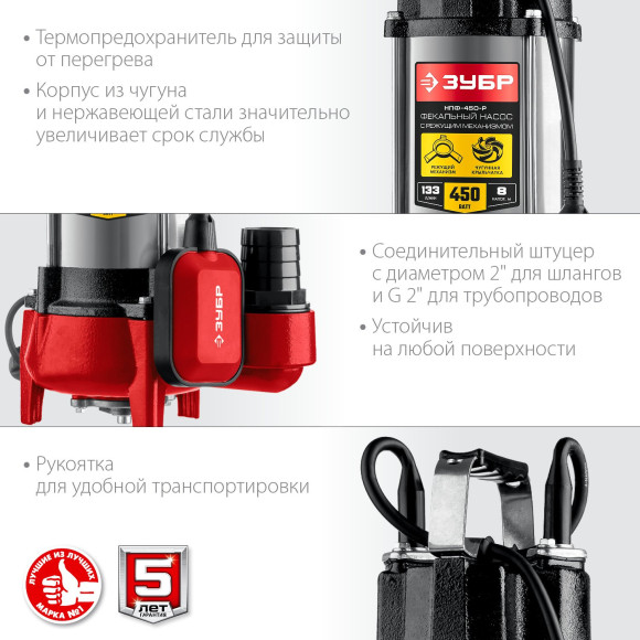 Насос фекальный Зубр Мастер НПФ-450-Р 450Вт 7980л/час центробежный (в компл.:режущий механизм)