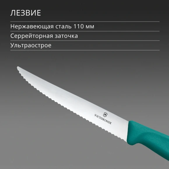 Нож кухонный Victorinox Swiss Classic 6.7234.C1 для стейка/пиццы лезв.110мм серрейт. заточка зеленый Нож кухонный Victorinox Swiss Classic 6.7234.C1 для стейка/пиццы лезв.110мм серрейт. заточка зеленый