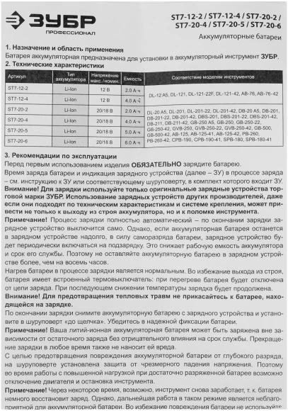 Батарея аккумуляторная Зубр ST7-12-4 12В 4Ач Li-Ion