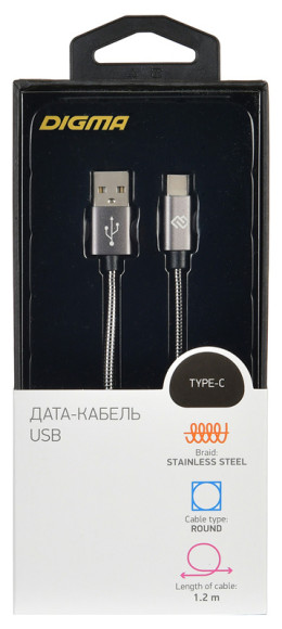 Кабель Digma TYPE-C-1.2M-BRAIDED-G USB (m)-USB Type-C (m) 1.2м черный Кабель Digma TYPE-C-1.2M-BRAIDED-G USB (m)-USB Type-C (m) 1.2м черный