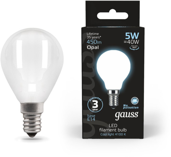 Лампа светодиодная Gauss Filament 7Вт цок.:E14 шар 220B 4100K св.свеч.бел.нейт. (упак.:1шт) (105801207-S)