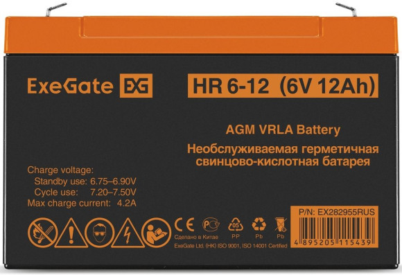 Батарея для ИБП Exegate EX282955 6В 12Ач Батарея для ИБП Exegate EX282955 6В 12Ач