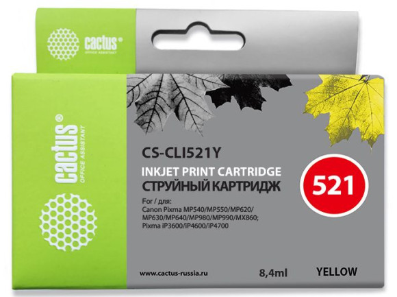 Картридж струйный Cactus CS-CLI521Y желтый (9мл) для Canon Pixma MP540/MP550/MP620/MP630/MP640/MP660/MP980/MP990/iP3600/iP4600/iP4700/MX860 с чипом