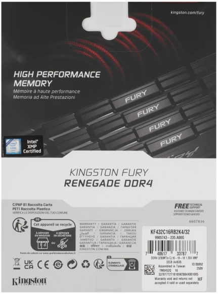 Память DDR4 4x8GB 3200MHz Kingston KF432C16RB2K4/32 Fury Renegade Black RTL Gaming PC4-25600 CL16 DIMM 288-pin 1.35В single rank с радиатором Ret
