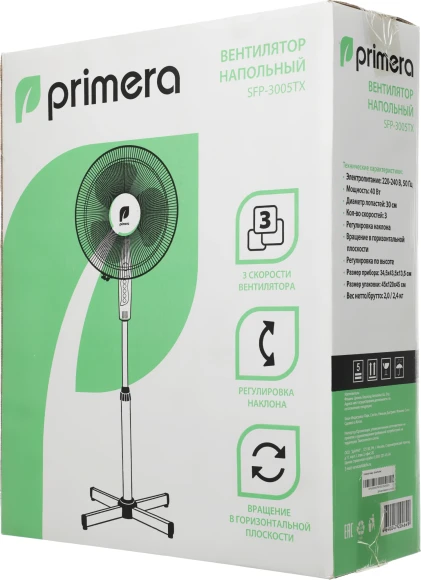 Вентилятор напольный Primera SFP-3005TX 35Вт скоростей:3 белый/серый