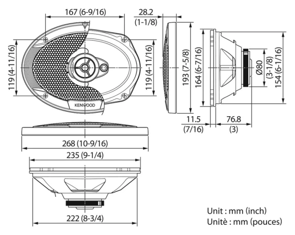 Колонки автомобильные Kenwood KFC-S6966 400Вт 91дБ 4Ом 16x23см (6x9дюйм) (ком.:2кол.) коаксиальные трехполосные