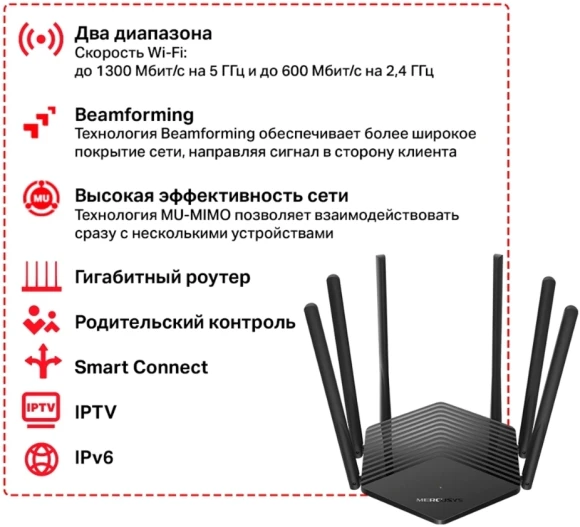 Роутер беспроводной Mercusys MR1900G AC1900 10/100/1000BASE-TX черный