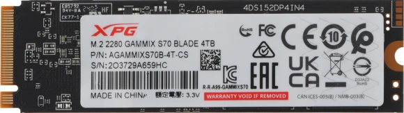 Накопитель SSD A-Data PCIe 4.0 x4 4TB AGAMMIXS70B-4T-CS XPG Gammix S70 Blade M.2 2280 Накопитель SSD A-Data PCIe 4.0 x4 4TB AGAMMIXS70B-4T-CS XPG Gammix S70 Blade M.2 2280