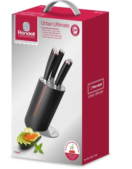 Набор ножей кухон. Rondell Urban Ultimate RD-1130 компл.:6предм. с подставкой черный/красный подар.коробка Набор ножей кухон. Rondell Urban Ultimate RD-1130 компл.:6предм. с подставкой черный/красный подар.коробка