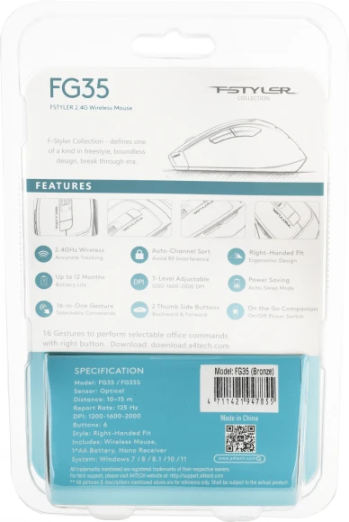 Мышь A4Tech Fstyler FG35 бронзовый/черный оптическая 2000dpi беспров. USB 6but (FG35 BRONZE)