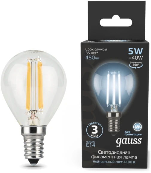 Лампа филам. Gauss Filament 5Вт цок.:E14 свеча 220B св.свеч.бел.нейт. (упак.:10шт) (104801805)