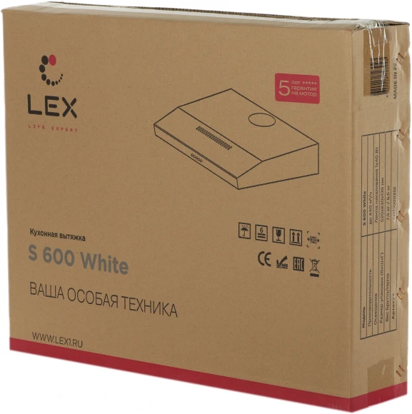 Вытяжка козырьковая Lex S 600 WH белый управление: кнопочное (1 мотор) Вытяжка козырьковая Lex S 600 WH белый управление: кнопочное (1 мотор)