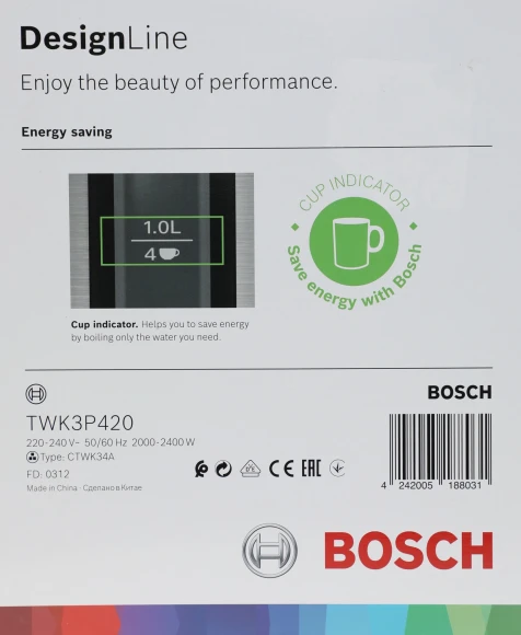 Чайник электрический Bosch TWK3P 1.7л. 2400Вт нержавеющая сталь корпус: металл (TWK3P420)