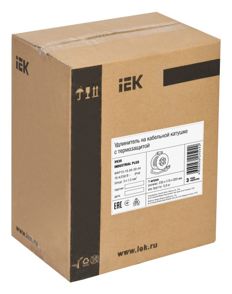 Удлинитель силовой IEK INDUSTRIAL PLUS (WKP15-16-04-30-44) 3x1.5кв.мм 4розет. 30м ПВС 16A катушка желтый