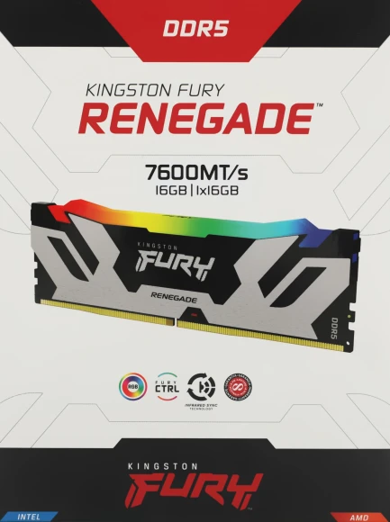 Память DDR5 16GB 7600MHz Kingston KF576C38RSA-16 Fury Renegade RGB RTL Gaming PC5-60800 CL38 DIMM 288-pin 1.45В single rank с радиатором Ret