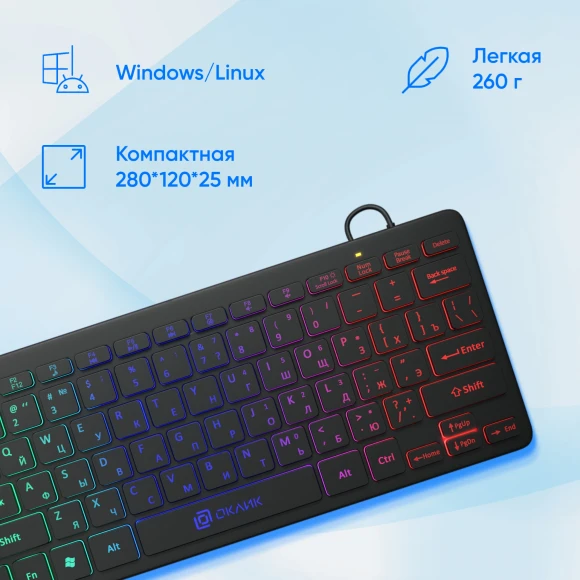 Клавиатура Оклик 300S черный USB slim LED (1696461) кабель 1.6м