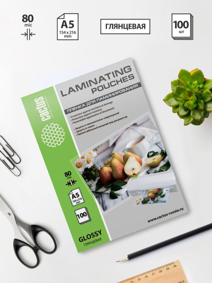 Пленка для ламинирования Cactus 80мкм A5 (100шт) глянцевая 154x216мм CS-LPGA580100 Пленка для ламинирования Cactus 80мкм A5 (100шт) глянцевая 154x216мм CS-LPGA580100