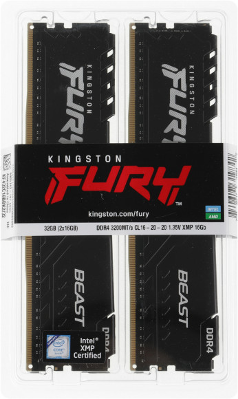 Память DDR4 2x16Gb 3200MHz Kingston KF432C16BBK2/32 Fury Beast Black RTL Gaming PC4-25600 CL16 DIMM 288-pin 1.35В single rank с радиатором Ret