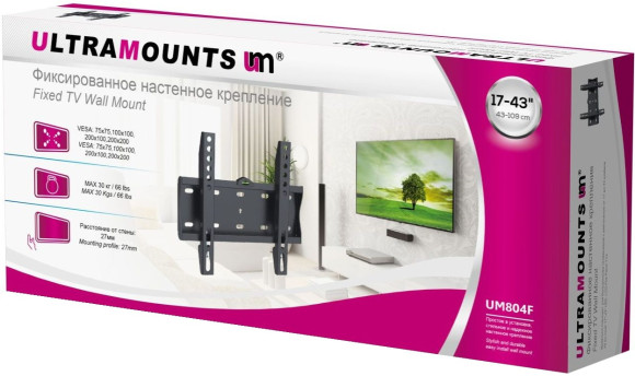 Кронштейн для телевизора Ultramounts UM804F черный 23"-42" макс.30кг настенный фиксированный Кронштейн для телевизора Ultramounts UM804F черный 23"-42" макс.30кг настенный фиксированный
