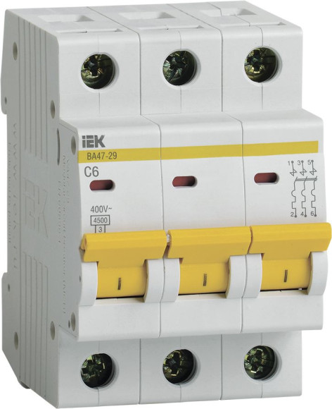 Выключатель автоматический IEK MVA20-3-006-C ВА47-29 6A тип C 4.5kA 3П 400В 3мод белый (упак.:1шт)